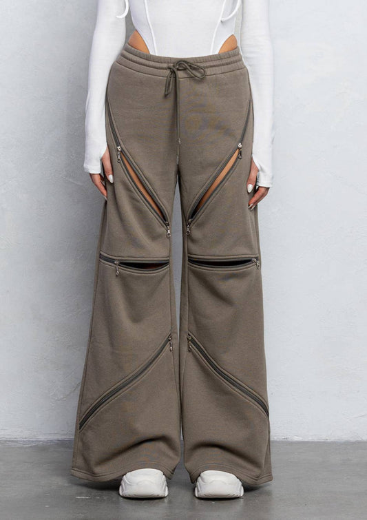 Zipper detailed fleece wide pants